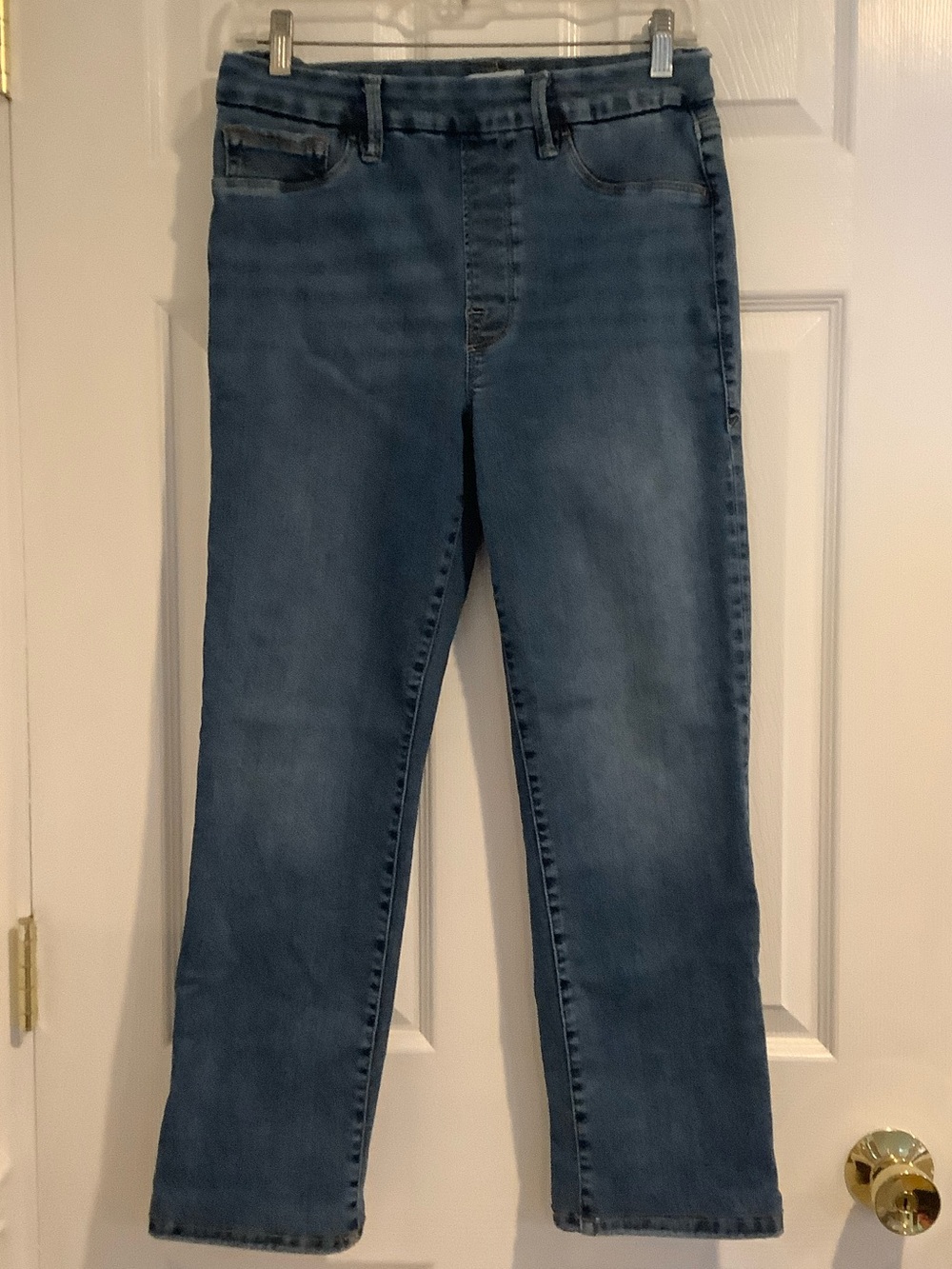 GOOD AMERICAN Pull On Straight Leg Indigo Blue Stretchy High Rise Jeans L